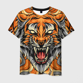 Мужская футболка 3D с принтом Символ года тигр в гневе , 100% полиэфир | прямой крой, круглый вырез горловины, длина до линии бедер | 2022 | большая кошка | животное | новый год | символ года | тигр | хищник