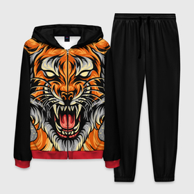 Мужской костюм 3D с принтом Символ года тигр в гневе в Тюмени, 100% полиэстер | Манжеты и пояс оформлены тканевой резинкой, двухслойный капюшон со шнурком для регулировки, карманы спереди | 2022 | большая кошка | животное | новый год | символ года | тигр | хищник