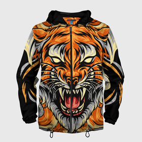 Мужская ветровка 3D с принтом Символ года тигр в гневе , 100% полиэстер | подол и капюшон оформлены резинкой с фиксаторами, два кармана без застежек по бокам, один потайной карман на груди | 2022 | большая кошка | животное | новый год | символ года | тигр | хищник