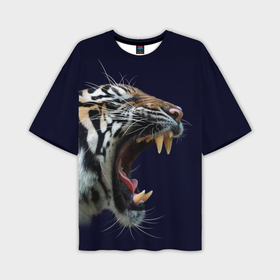 Мужская футболка oversize 3D с принтом Оскал большого тигра в Петрозаводске,  |  | Тематика изображения на принте: 2022 | big teeth | fangs | grin | tiger | tigr | tigris | большая кошка | большие зубы | клыки | новый год | оскалиться | острые клыки | полосатая кошка | скалить | скалить зубы | тигр