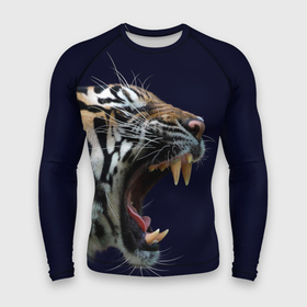 Мужской рашгард 3D с принтом Оскал тигра  Большая кошка в Екатеринбурге,  |  | Тематика изображения на принте: 2022 | big teeth | fangs | grin | tiger | tigr | tigris | большая кошка | большие зубы | клыки | новый год | оскалиться | острые клыки | полосатая кошка | скалить | скалить зубы | тигр