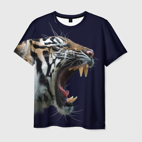 Мужская футболка 3D с принтом Оскал тигра | Большая кошка в Екатеринбурге, 100% полиэфир | прямой крой, круглый вырез горловины, длина до линии бедер | Тематика изображения на принте: 2022 | big teeth | fangs | grin | tiger | tigr | tigris | большая кошка | большие зубы | клыки | новый год | оскалиться | острые клыки | полосатая кошка | скалить | скалить зубы | тигр