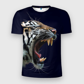 Мужская футболка 3D спортивная с принтом Оскал тигра | Большая кошка в Екатеринбурге, 100% полиэстер с улучшенными характеристиками | приталенный силуэт, круглая горловина, широкие плечи, сужается к линии бедра | 2022 | big teeth | fangs | grin | tiger | tigr | tigris | большая кошка | большие зубы | клыки | новый год | оскалиться | острые клыки | полосатая кошка | скалить | скалить зубы | тигр