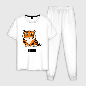 Мужская пижама хлопок с принтом Тигренок с надписью 2022 в Петрозаводске, 100% хлопок | брюки и футболка прямого кроя, без карманов, на брюках мягкая резинка на поясе и по низу штанин
 | 2022 | год тигра | новый год | новый год 2022 | символ года | тигр | тигренок | тигрица | тигры