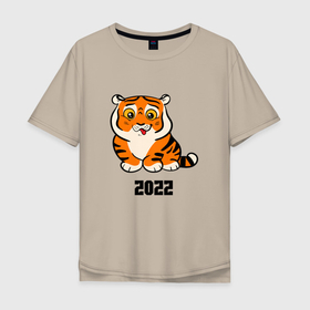 Мужская футболка хлопок Oversize с принтом Тигренок с надписью 2022 в Петрозаводске, 100% хлопок | свободный крой, круглый ворот, “спинка” длиннее передней части | 2022 | год тигра | новый год | новый год 2022 | символ года | тигр | тигренок | тигрица | тигры