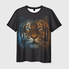 Мужская футболка 3D с принтом Тигр с голубыми глазами в Петрозаводске, 100% полиэфир | прямой крой, круглый вырез горловины, длина до линии бедер | tiger | животное | символ года | тигр | хищник