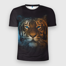 Мужская футболка 3D спортивная с принтом Тигр с голубыми глазами в Екатеринбурге, 100% полиэстер с улучшенными характеристиками | приталенный силуэт, круглая горловина, широкие плечи, сужается к линии бедра | tiger | животное | символ года | тигр | хищник