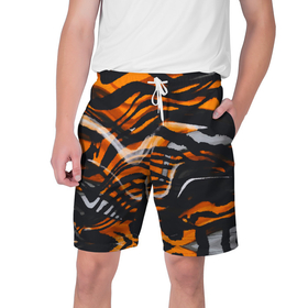 Мужские шорты 3D с принтом Окрас тигра в Тюмени,  полиэстер 100% | прямой крой, два кармана без застежек по бокам. Мягкая трикотажная резинка на поясе, внутри которой широкие завязки. Длина чуть выше колен | животное | кошка | полосы | праздник | символ | тигр