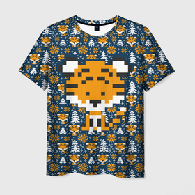 Мужская футболка 3D с принтом Вязаный тигренок в Новосибирске, 100% полиэфир | прямой крой, круглый вырез горловины, длина до линии бедер | 2022 | вязанка | паттерн | символ года | тигр | тигренок | хищник