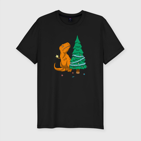 Мужская футболка хлопок Slim с принтом Новогодние проблемы Рекса в Новосибирске, 92% хлопок, 8% лайкра | приталенный силуэт, круглый вырез ворота, длина до линии бедра, короткий рукав | christmas | decorations | dino | dinosaur | new | new year | problems | rain | rex | spruce | star | ti | toys | tree | tyrannosaurus | year | год | дино | динозавр | дождик | елка | ель | звезда | игрушки | мишура | новогодние | новый | проблемы | рекс |