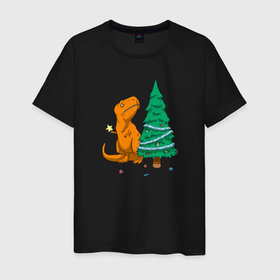 Мужская футболка хлопок с принтом Новогодние проблемы Рекса в Санкт-Петербурге, 100% хлопок | прямой крой, круглый вырез горловины, длина до линии бедер, слегка спущенное плечо. | christmas | decorations | dino | dinosaur | new | new year | problems | rain | rex | spruce | star | ti | toys | tree | tyrannosaurus | year | год | дино | динозавр | дождик | елка | ель | звезда | игрушки | мишура | новогодние | новый | проблемы | рекс |