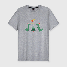 Мужская футболка хлопок Slim с принтом динозаврики и елка в Петрозаводске, 92% хлопок, 8% лайкра | приталенный силуэт, круглый вырез ворота, длина до линии бедра, короткий рукав | дед мороз | динозавр | ёлка | зима | игрушки | новый год | снегурка
