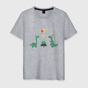 Мужская футболка хлопок с принтом динозаврики и елка в Новосибирске, 100% хлопок | прямой крой, круглый вырез горловины, длина до линии бедер, слегка спущенное плечо. | дед мороз | динозавр | ёлка | зима | игрушки | новый год | снегурка