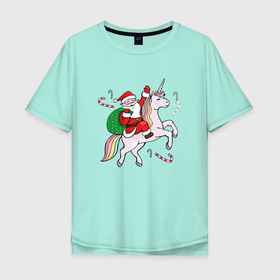 Мужская футболка хлопок Oversize с принтом дед мороз на единороге 2022 в Курске, 100% хлопок | свободный крой, круглый ворот, “спинка” длиннее передней части | 2022 | дед мороз | единорог | елка | ёлки | клаус | новогодний | новый год | санта | снегурочка