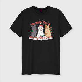 Мужская футболка хлопок Slim с принтом We Wish You a Meowy Christmas в Белгороде, 92% хлопок, 8% лайкра | приталенный силуэт, круглый вырез ворота, длина до линии бедра, короткий рукав | art | cats | christmas | drawing | holiday | merry christmas | new year | seals | snow | арт | котики | коты | кошки | новый год | праздник | рисунок | рождество | снег