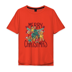 Мужская футболка хлопок Oversize с принтом Merry Christmas в Екатеринбурге, 100% хлопок | свободный крой, круглый ворот, “спинка” длиннее передней части | art | christmas | cookies | drawing | herringbone | holiday | merry christmas | new year | star | toys | tree | арт | елка | елочка | звезда | игрушки | новый год | печенье | праздник | рисунок | рождество