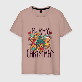 Мужская футболка хлопок с принтом Merry Christmas в Белгороде, 100% хлопок | прямой крой, круглый вырез горловины, длина до линии бедер, слегка спущенное плечо. | art | christmas | cookies | drawing | herringbone | holiday | merry christmas | new year | star | toys | tree | арт | елка | елочка | звезда | игрушки | новый год | печенье | праздник | рисунок | рождество