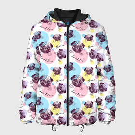 Мужская куртка 3D с принтом Милые Мопсики в Екатеринбурге, ткань верха — 100% полиэстер, подклад — флис | прямой крой, подол и капюшон оформлены резинкой с фиксаторами, два кармана без застежек по бокам, один большой потайной карман на груди. Карман на груди застегивается на липучку | bulldog | pug | pug dog | pug puppies | бульдог | год собаки | друг человека | дружные мопсы | дядя мопс | животное | зверь | кинолог | мопс | пёс | порода собак | собака боксёр | собака мопс | собаковод | четвероногий