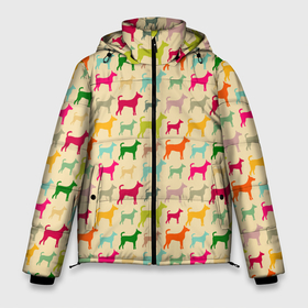Мужская зимняя куртка 3D с принтом Собаки Разноцветные в Санкт-Петербурге, верх — 100% полиэстер; подкладка — 100% полиэстер; утеплитель — 100% полиэстер | длина ниже бедра, свободный силуэт Оверсайз. Есть воротник-стойка, отстегивающийся капюшон и ветрозащитная планка. 

Боковые карманы с листочкой на кнопках и внутренний карман на молнии. | animal | dog | барбос | бобик | год собаки | друг человека | животное | зверь | ищейка | кинолог | кость | лайка | пёс | собака | собаковод | собачьи следы от лап | хищник | четвероногий | шарик | щенок