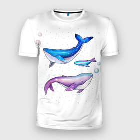 Мужская футболка 3D Slim с принтом Семья китов , 100% полиэстер с улучшенными характеристиками | приталенный силуэт, круглая горловина, широкие плечи, сужается к линии бедра | китенок | киты | малыш | мама | море | папа | под водой | семья | трое