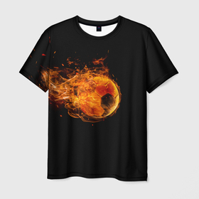 Мужская футболка 3D с принтом ОГНЕННЫЙ ФУТБОЛЬНЫЙ МЯЧ в Новосибирске, 100% полиэфир | прямой крой, круглый вырез горловины, длина до линии бедер | fireball | горящий мяч | мяч | огненный мяч | огненный футбольный мяч | огонь | пламя | файрболл | футбол | футбольный мяч