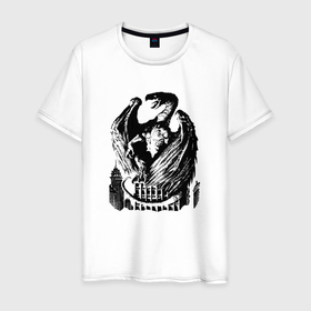 Мужская футболка хлопок с принтом Дракон в городе , 100% хлопок | прямой крой, круглый вырез горловины, длина до линии бедер, слегка спущенное плечо. | город | дракон | рок | фэнтези