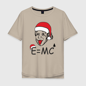 Мужская футболка хлопок Oversize с принтом Новогодний Эйнштейн в Санкт-Петербурге, 100% хлопок | свободный крой, круглый ворот, “спинка” длиннее передней части | альберт эйнштейн | елка | ель | новогодний колпак | новогодний эйнштейн | новый год | прикол | рождество | формула | формула относительности | язык
