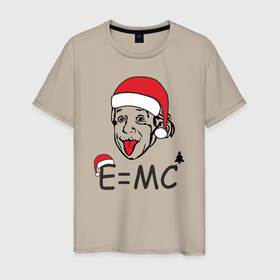Мужская футболка хлопок с принтом Новогодний Эйнштейн , 100% хлопок | прямой крой, круглый вырез горловины, длина до линии бедер, слегка спущенное плечо. | альберт эйнштейн | елка | ель | новогодний колпак | новогодний эйнштейн | новый год | прикол | рождество | формула | формула относительности | язык