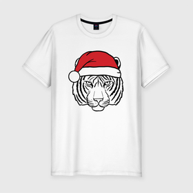 Мужская футболка хлопок Slim с принтом Тигр в новогодней шапке. в Петрозаводске, 92% хлопок, 8% лайкра | приталенный силуэт, круглый вырез ворота, длина до линии бедра, короткий рукав | 2022 | happy new year | merry christmas | год тигра | зима близко | нг | новогодний | новогодний тигр | новый год | новый год 2022 | праздник | рождество | символ 2022 года | тигр