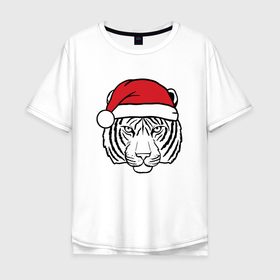 Мужская футболка хлопок Oversize с принтом Тигр в новогодней шапке. , 100% хлопок | свободный крой, круглый ворот, “спинка” длиннее передней части | 2022 | happy new year | merry christmas | год тигра | зима близко | нг | новогодний | новогодний тигр | новый год | новый год 2022 | праздник | рождество | символ 2022 года | тигр
