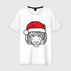 Мужская футболка хлопок с принтом Тигр в новогодней шапке. в Курске, 100% хлопок | прямой крой, круглый вырез горловины, длина до линии бедер, слегка спущенное плечо. | 2022 | happy new year | merry christmas | год тигра | зима близко | нг | новогодний | новогодний тигр | новый год | новый год 2022 | праздник | рождество | символ 2022 года | тигр