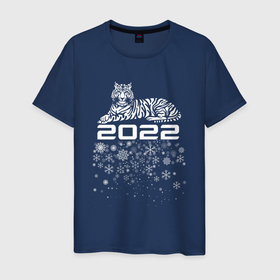 Мужская футболка хлопок с принтом Тигр 2022: White. в Петрозаводске, 100% хлопок | прямой крой, круглый вырез горловины, длина до линии бедер, слегка спущенное плечо. | 2022 | happy new year | merry christmas | год тигра | зима близко | нг | новогодний | новогодний тигр | новый год | новый год 2022 | праздник | рождество | символ 2022 года | снежинки | тигр