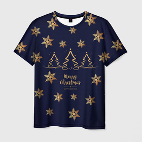 Мужская футболка 3D с принтом Golden snowflakes в Курске, 100% полиэфир | прямой крой, круглый вырез горловины, длина до линии бедер | 2022 | christmas | новый год | рождество | снежинки