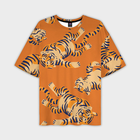 Мужская футболка OVERSIZE 3D с принтом Тигр  паттерн ,  |  | Тематика изображения на принте: 2022 | год тигра | китайский календарь | надписи | новый год | тигр