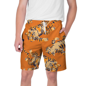 Мужские шорты 3D с принтом Тигр паттерн ,  полиэстер 100% | прямой крой, два кармана без застежек по бокам. Мягкая трикотажная резинка на поясе, внутри которой широкие завязки. Длина чуть выше колен | 2022 | год тигра | китайский календарь | надписи | новый год | тигр