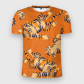 Мужская футболка 3D Slim с принтом Тигр  паттерн , 100% полиэстер с улучшенными характеристиками | приталенный силуэт, круглая горловина, широкие плечи, сужается к линии бедра | 2022 | год тигра | китайский календарь | надписи | новый год | тигр