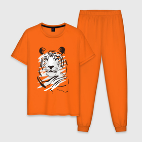 Мужская пижама хлопок с принтом тигр черно белый , 100% хлопок | брюки и футболка прямого кроя, без карманов, на брюках мягкая резинка на поясе и по низу штанин
 | зверь | новый год | подарок | символ | тигр | хищник