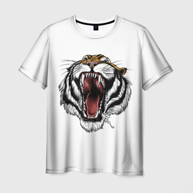 Мужская футболка 3D с принтом рык в Екатеринбурге, 100% полиэфир | прямой крой, круглый вырез горловины, длина до линии бедер | Тематика изображения на принте: зверь | новый год | оскал | подарок | символ года | тигр | хищник