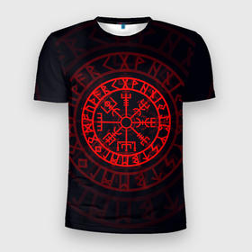 Мужская футболка 3D Slim с принтом Красный Вегвизир в Санкт-Петербурге, 100% полиэстер с улучшенными характеристиками | приталенный силуэт, круглая горловина, широкие плечи, сужается к линии бедра | викинги | красный вегвизир | минимализм | руны | руны викингов | символ | символика