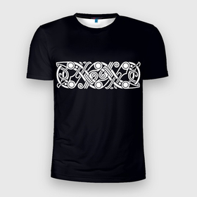 Мужская футболка 3D Slim с принтом Вязь Викингов в Петрозаводске, 100% полиэстер с улучшенными характеристиками | приталенный силуэт, круглая горловина, широкие плечи, сужается к линии бедра | викинги | вязь | минимализм | руны | символы