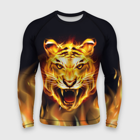 Мужской рашгард 3D с принтом Тигр В Пламени в Новосибирске,  |  | Тематика изображения на принте: зверь | огненный тигр | огонь | пламя | рисунок | тигр | хищник