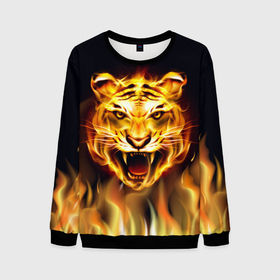 Мужской свитшот 3D с принтом Тигр В Пламени в Петрозаводске, 100% полиэстер с мягким внутренним слоем | круглый вырез горловины, мягкая резинка на манжетах и поясе, свободная посадка по фигуре | Тематика изображения на принте: зверь | огненный тигр | огонь | пламя | рисунок | тигр | хищник