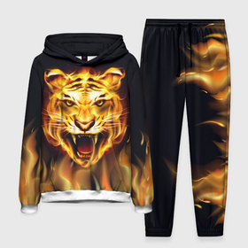 Мужской костюм 3D (с толстовкой) с принтом Тигр В Пламени в Петрозаводске,  |  | Тематика изображения на принте: зверь | огненный тигр | огонь | пламя | рисунок | тигр | хищник