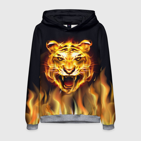 Мужская толстовка 3D с принтом Тигр В Пламени в Петрозаводске, 100% полиэстер | двухслойный капюшон со шнурком для регулировки, мягкие манжеты на рукавах и по низу толстовки, спереди карман-кенгуру с мягким внутренним слоем. | зверь | огненный тигр | огонь | пламя | рисунок | тигр | хищник