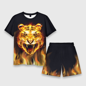 Мужской костюм с шортами 3D с принтом Тигр В Пламени ,  |  | зверь | огненный тигр | огонь | пламя | рисунок | тигр | хищник