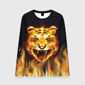 Мужской лонгслив 3D с принтом Тигр В Пламени , 100% полиэстер | длинные рукава, круглый вырез горловины, полуприлегающий силуэт | зверь | огненный тигр | огонь | пламя | рисунок | тигр | хищник