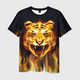 Мужская футболка 3D с принтом Тигр В Пламени , 100% полиэфир | прямой крой, круглый вырез горловины, длина до линии бедер | зверь | огненный тигр | огонь | пламя | рисунок | тигр | хищник