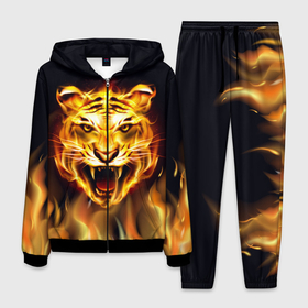 Мужской костюм 3D с принтом Тигр В Пламени в Петрозаводске, 100% полиэстер | Манжеты и пояс оформлены тканевой резинкой, двухслойный капюшон со шнурком для регулировки, карманы спереди | Тематика изображения на принте: зверь | огненный тигр | огонь | пламя | рисунок | тигр | хищник