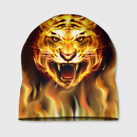 Шапка 3D с принтом Тигр В Пламени в Белгороде, 100% полиэстер | универсальный размер, печать по всей поверхности изделия | Тематика изображения на принте: зверь | огненный тигр | огонь | пламя | рисунок | тигр | хищник