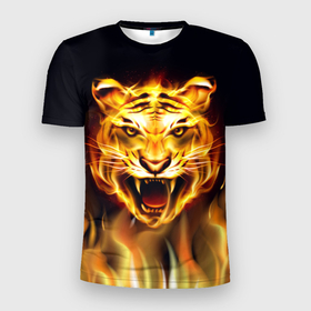 Мужская футболка 3D Slim с принтом Тигр В Пламени , 100% полиэстер с улучшенными характеристиками | приталенный силуэт, круглая горловина, широкие плечи, сужается к линии бедра | зверь | огненный тигр | огонь | пламя | рисунок | тигр | хищник